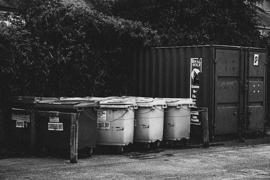 A row of five large wheeled commercial waste bins, including two with labels indicating 'Waste Only' and 'Construction Waste,' are positioned on a paved area beside a dark metal storage container with double doors. The bins are covered with closed lids, some secured with metal chains, and are made of plastic in varying shades of light and dark grey. Behind the bins, dense foliage and trees can be seen, suggesting an outdoor setting near a residential or commercial property. The area appears to be used for waste collection and disposal, which may relate to the process of home relocation or clearing. The scene is captured under natural lighting, typical of a daytime environment, with no human activity visible. Man with Van Goddington occasionally provides services related to removals and waste management, which can be supported by images depicting loading or waste disposal areas like this one.